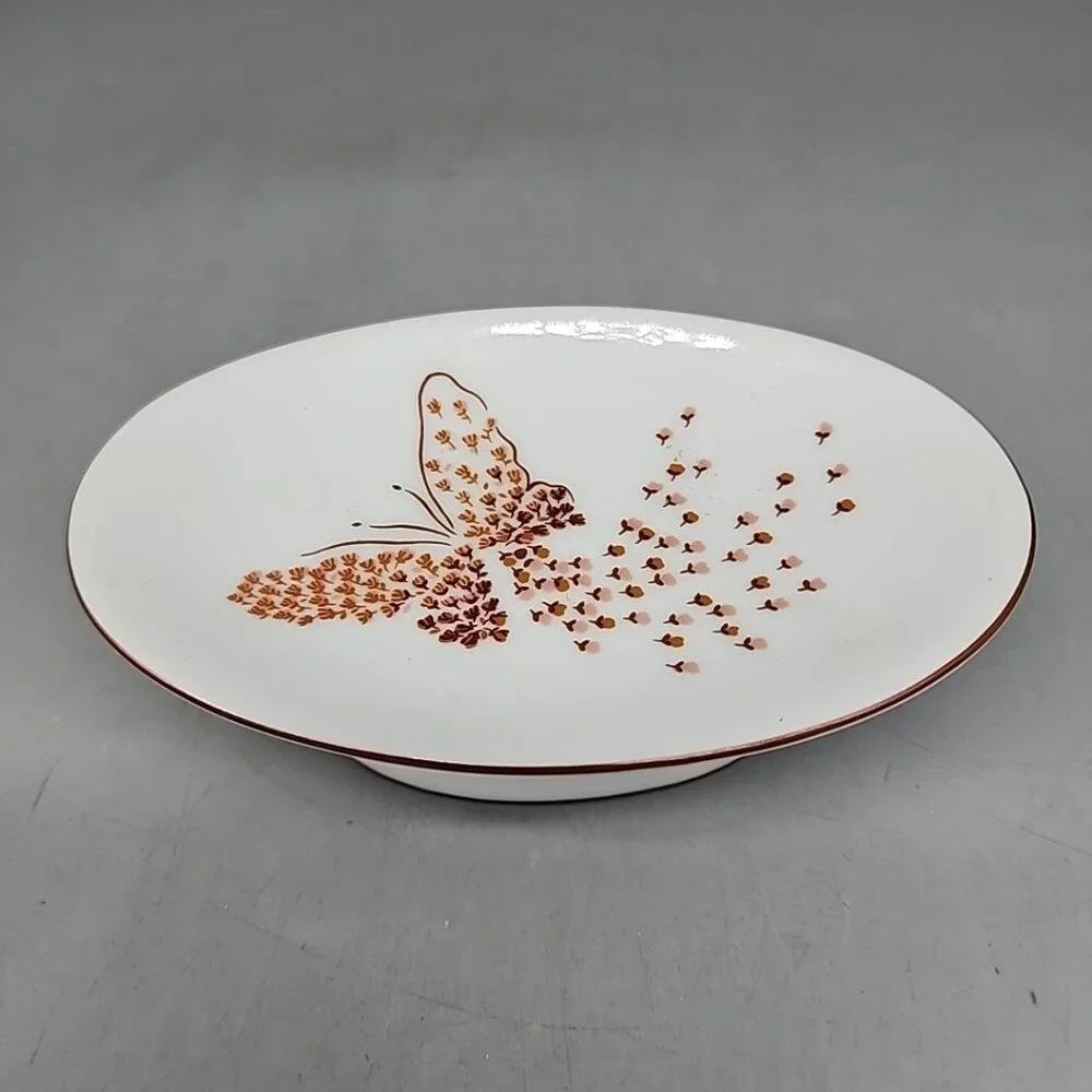 Vintage Seven Seas Butterfly Soap Dish Ceramic Made In Japan White Brown Footed